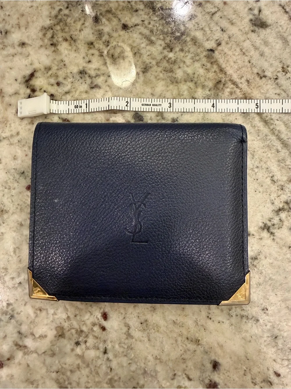 Yves Saint Laurent Navy Blue Leather Bifold Wallet with Gold Corners